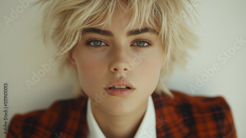 Platinum blonde woman with ...