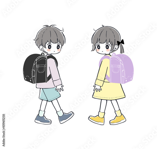 ランドセルを背負った小学生の男の子と女の子