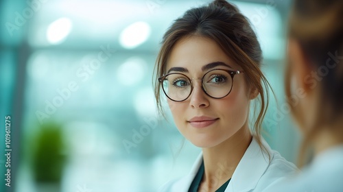 Pharmaceutical sales representative talking with doctor in medical building Ambitious female sales representative presenting new medication Woman business leader : Generative AI