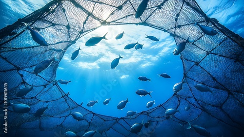 Underwater Fish Farming Cages: A detailed underwater image showing massive, dome-like fish farming cages suspended in the ocean.