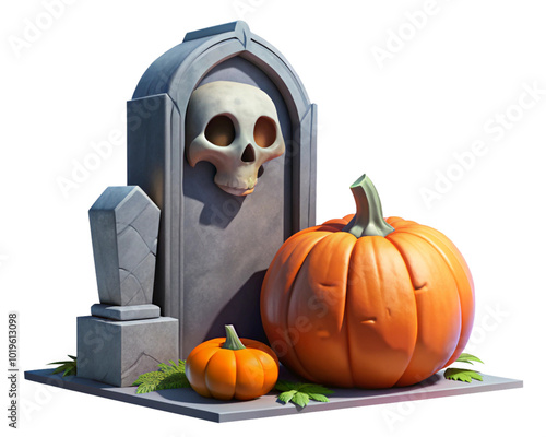 Spooky Tombstone with Skull and Halloween Pumpkin photo