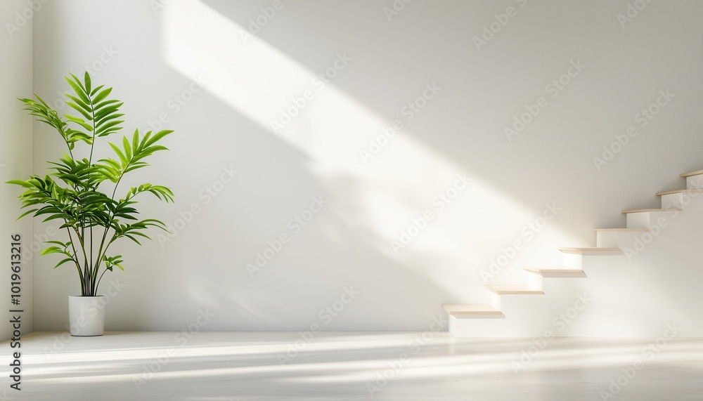 Bright interior with a green plant beside white stairs, showcasing a minimalist design with natural light. Bright interior with a green plant beside white stairs, showcasing a minimalist design with natural light.