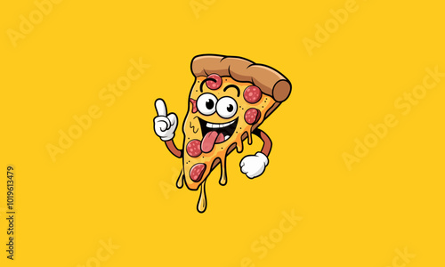 Cheerful pizza slice cartoon with playful expression