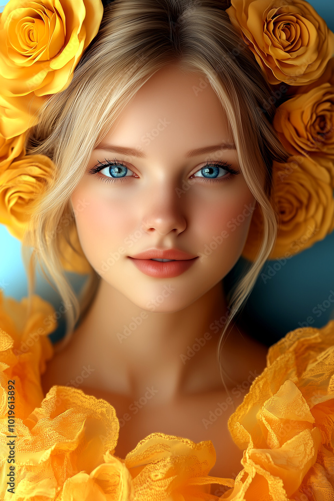 A woman with a yellow flower headdress and a blue eye. She is smiling and looking at the camera A woman with a yellow flower headdress and a blue eye. She is smiling and looking at the camera
