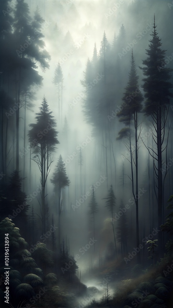 Naklejka premium moody gray illustration of a mysterious forest background