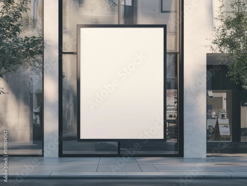 2408 4.A large blank rectangular billboard displayed on the storefront of a building. The white surface of the sign is framed by a black border, ready for a custom design. The storefront itself is