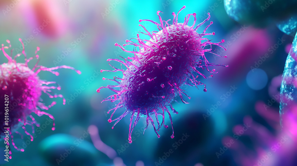 Close-up of vibrant purple bacteria under a microscope, showcasing detailed cellular structure in a glowing, scientific environment Close-up of vibrant purple bacteria under a microscope, showcasing detailed cellular structure in a glowing, scientific environment