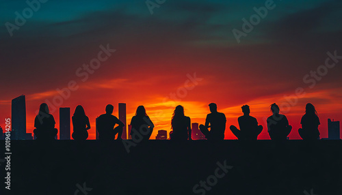 Silhouettes of people in various poses against dramatic sunset or city skylines to tell untold stories through body language