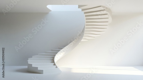 White stairs on abstract minimalist architectural interior design concept background, simple and modern interior design with spiral stairs in the corner of the room