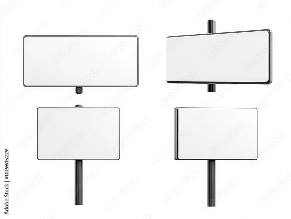 2408 48.A set of blank real estate signs viewed from different angles, featuring a rectangular white sign mounted on a simple post. The angles include front-facing, side views, and an overhead 2408 48.A set of blank real estate signs viewed from different angles, featuring a rectangular white sign mounted on a simple post. The angles include front-facing, side views, and an overhead