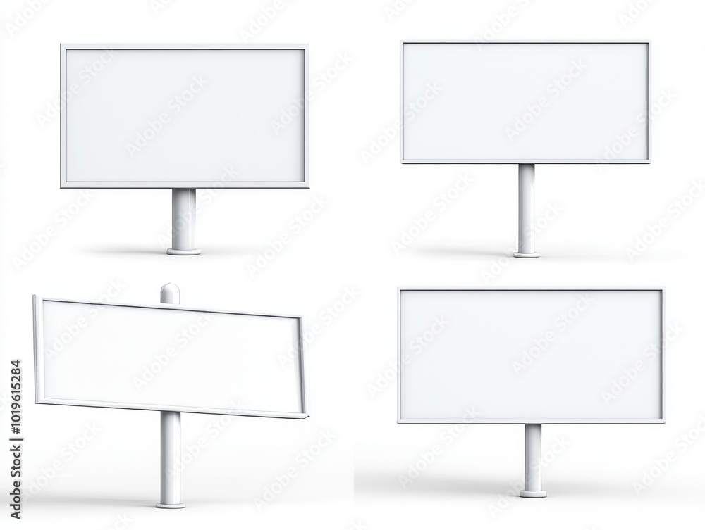 2408 49.A collection of real estate signs in various positions, each featuring a blank white rectangular signboard attached to a white post. The signs are displayed from multiple angles including 2408 49.A collection of real estate signs in various positions, each featuring a blank white rectangular signboard attached to a white post. The signs are displayed from multiple angles including