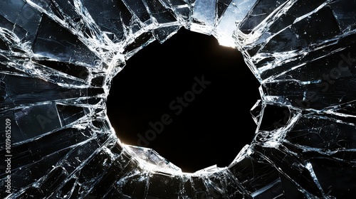 Shattered glass effect, cracks radiating outward with a smooth-edged circular gap in the center on black background. photo