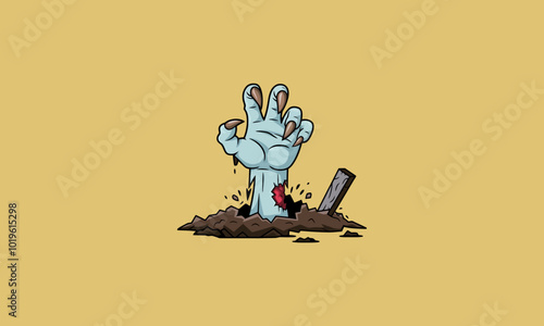 Zombie hand rising from the ground in cartoon style