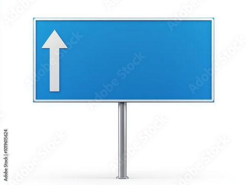 2408 56.A large blue rectangular direction sign with a thick white border, featuring a clear left-pointing arrow. The sign is mounted on a tall silver post, completely isolated on a white background