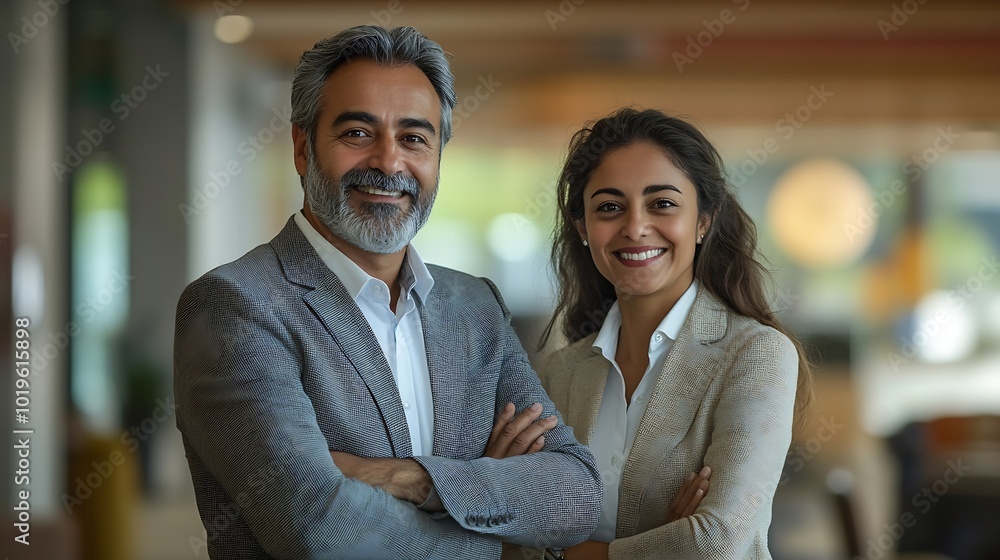 Portrait of smiling mature Latin or Indian business man and European business woman standing arms crossed in office Two diverse colleagues group team of confident professional business : Generative AI Portrait of smiling mature Latin or Indian business man and European business woman standing arms crossed in office Two diverse colleagues group team of confident professional business : Generative AI