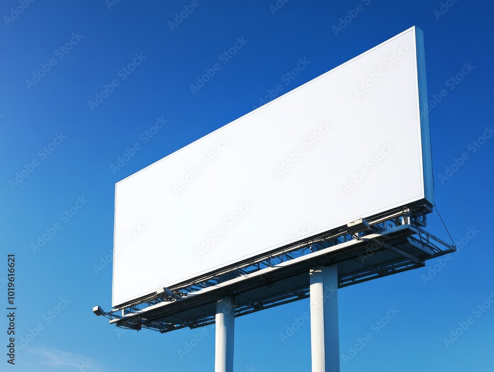 2408 83.A wide-angle shot of a massive white billboard, standing against a deep blue sky. The billboard is completely blank, with no text or images, and the bright sunlight highlights its smooth 2408 83.A wide-angle shot of a massive white billboard, standing against a deep blue sky. The billboard is completely blank, with no text or images, and the bright sunlight highlights its smooth
