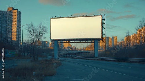 Empty billboard on the side of a highway The billboard is located in a city and it is facing the highway The billboard is large and rectangular Background of the billboard is white cli : Generative AI photo