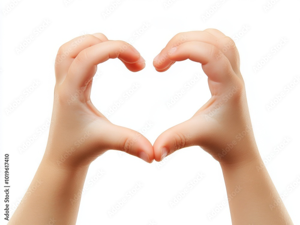 2408 103.A pair of young hands delicately shaping a heart symbol, with fingers interlocked to create the outline of a heart. The hands are clean and soft, standing out clearly against a pure white 2408 103.A pair of young hands delicately shaping a heart symbol, with fingers interlocked to create the outline of a heart. The hands are clean and soft, standing out clearly against a pure white