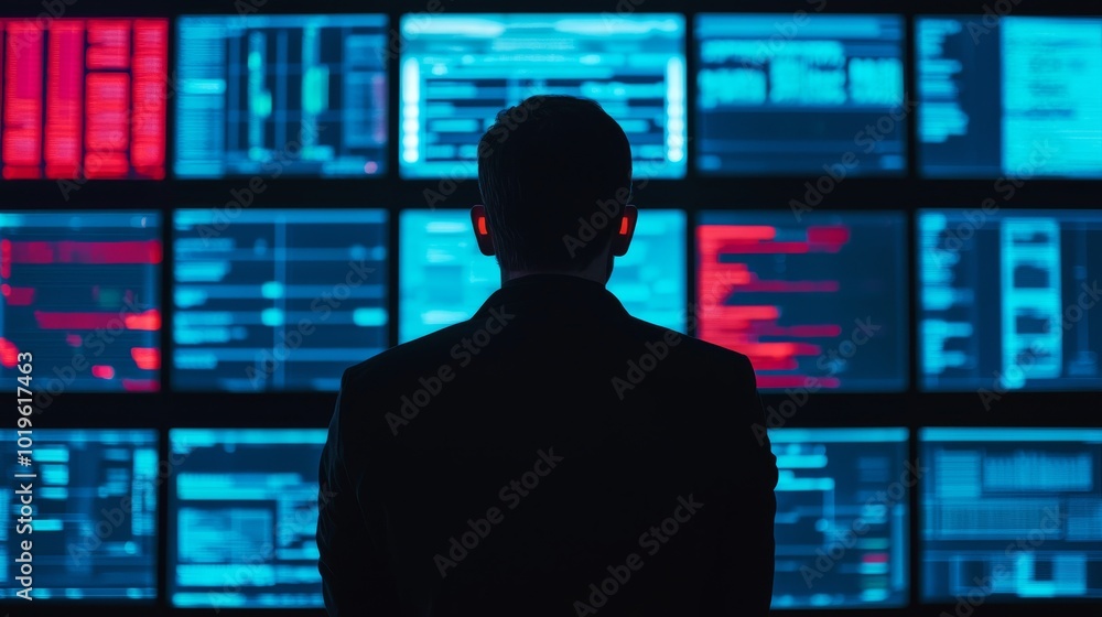 A silhouette of a person facing multiple digital screens displaying colorful data, suggesting data analysis or monitoring activities. A silhouette of a person facing multiple digital screens displaying colorful data, suggesting data analysis or monitoring activities.