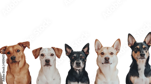 Five dogs in various breeds, white isolated background.