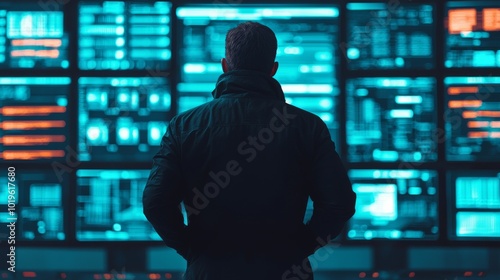 A figure stands in front of multiple screens displaying data, immersed in a technological environment illuminated by blue light.