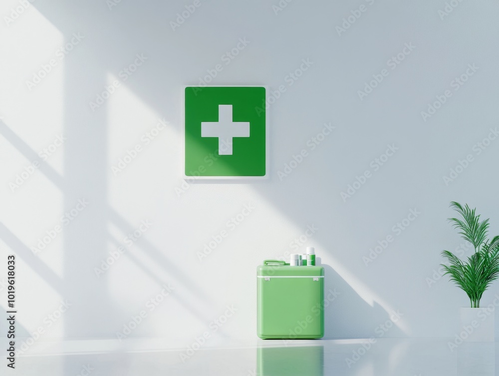 2408 135.A minimalist setup featuring a green first aid sign with a white cross, hanging neatly on a blank white wall. Below, a small green medicine kit is mounted, its simple design blending well 2408 135.A minimalist setup featuring a green first aid sign with a white cross, hanging neatly on a blank white wall. Below, a small green medicine kit is mounted, its simple design blending well