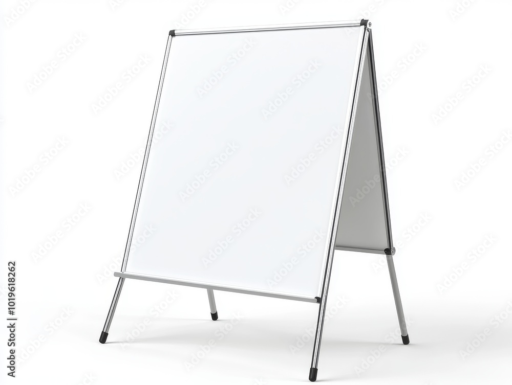 A portable advertising stand with a double-sided blank display, the frame made of polished metal. The foldable mechanism is visible at the hinges, and the sign is shown in an open position against a p