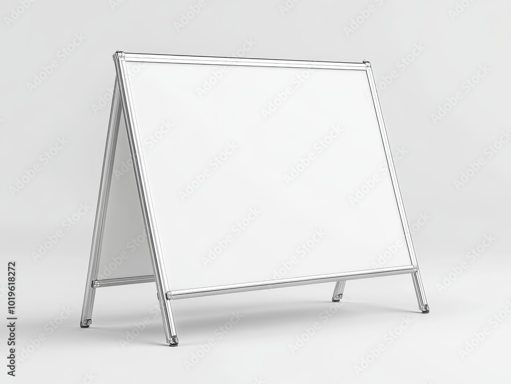 2408 141.A portable advertising stand with a double-sided blank display, the frame made of polished metal. The foldable mechanism is visible at the hinges, and the sign is shown in an open position 2408 141.A portable advertising stand with a double-sided blank display, the frame made of polished metal. The foldable mechanism is visible at the hinges, and the sign is shown in an open position