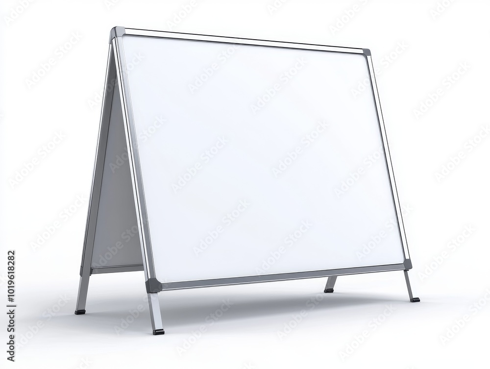 2408 141.A portable advertising stand with a double-sided blank display, the frame made of polished metal. The foldable mechanism is visible at the hinges, and the sign is shown in an open position 2408 141.A portable advertising stand with a double-sided blank display, the frame made of polished metal. The foldable mechanism is visible at the hinges, and the sign is shown in an open position