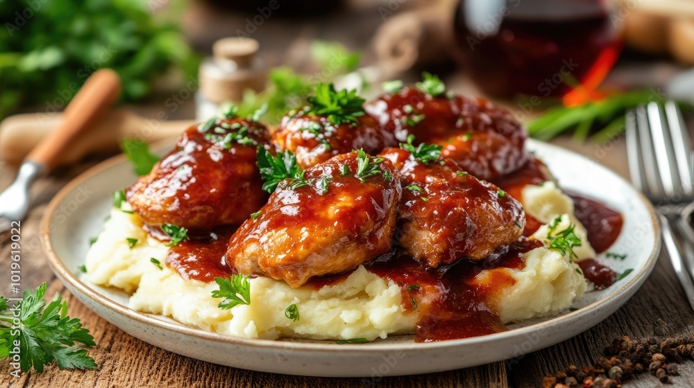 Savory Meatballs on Creamy Mashed Potatoes Savory Meatballs on Creamy Mashed Potatoes
