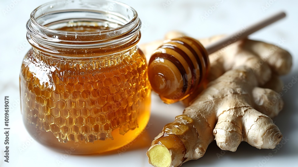 Jar of honey with a honey dipper and a ginger root beside it isolated on a white background representing a natural remedy Jar of honey with a honey dipper and a ginger root beside it isolated on a white background representing a natural remedy