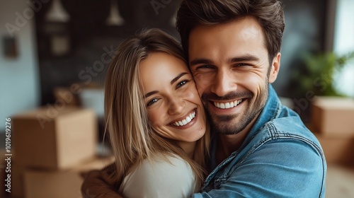 Happy husband lifts his young beautiful wife laughing swirling enjoy movein day to new first house big carton boxes nearby in unfurnished sunny living room Bank loan for young family n : Generative AI photo