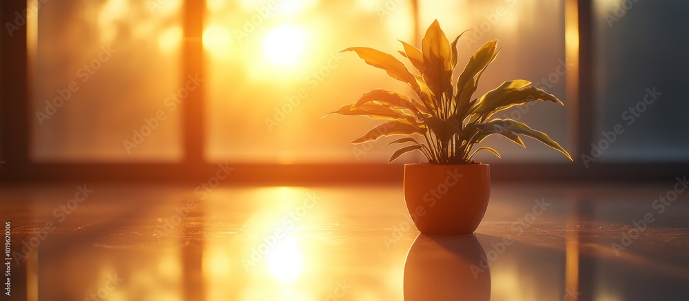 A potted plant stands on a windowsill, bathed in the golden light of a sunset. The reflection of the setting sun is visible on the floor. A potted plant stands on a windowsill, bathed in the golden light of a sunset. The reflection of the setting sun is visible on the floor.