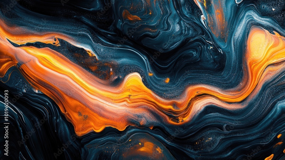 Obraz premium Abstract Liquid Art with Blue, Orange, and Gold Swirls
