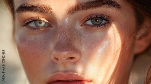 Natural young woman with clean skin in sunlight with shadows on face Beauty closeup of a brunette girl Skincare glow cosmetics and self care concept : Generative AI