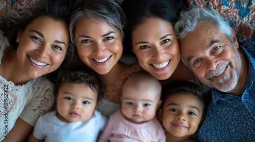 Family of 5 people including parents including 0 year old babies and senior grandparents who lie on the flooring : Generative AI