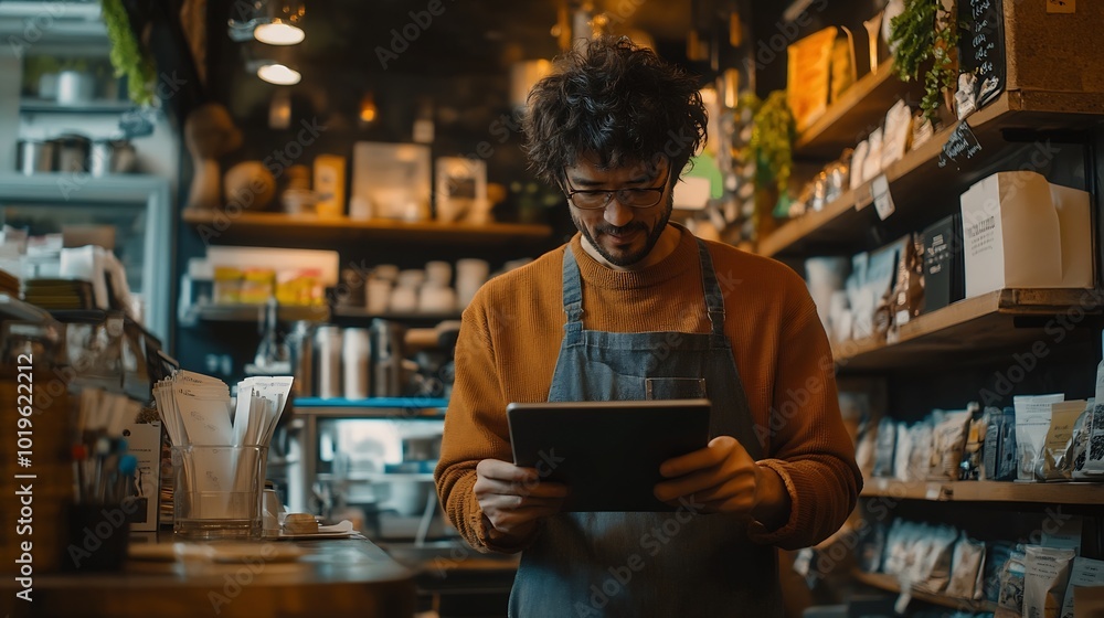 Business owner using tablet in his cafe : Generative AI Business owner using tablet in his cafe : Generative AI
