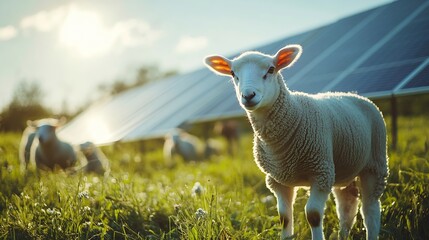 Sheep are standing on a lush meadow with solar panels for regenerative power in background It is an example for dual land use as agriculture and solar farm : Generative AI