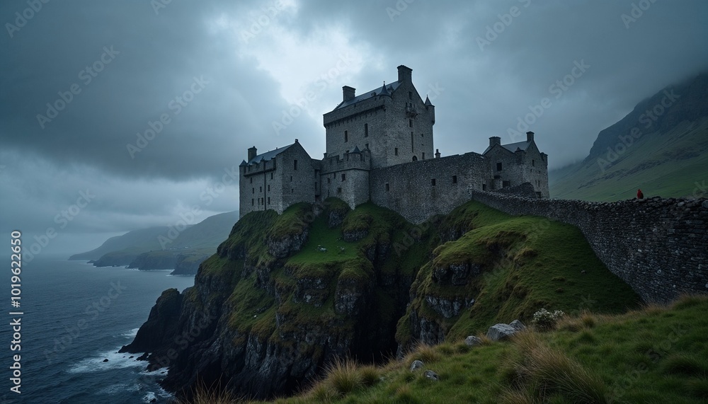 Mysterious ancient castle on cliffside overlooking ocean under moody gray sky Mysterious ancient castle on cliffside overlooking ocean under moody gray sky