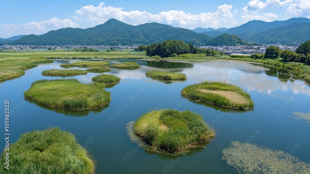 Tranquil Landscape with Lush Green Islands and Reflection Tranquil Landscape with Lush Green Islands and Reflection