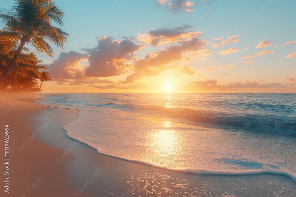 serene tropical beach at sunset palms swaying gently in the warm breeze golden sun dipping below the horizon evoking feelings of relaxation and a perfect summer getaway serene tropical beach at sunset palms swaying gently in the warm breeze golden sun dipping below the horizon evoking feelings of relaxation and a perfect summer getaway