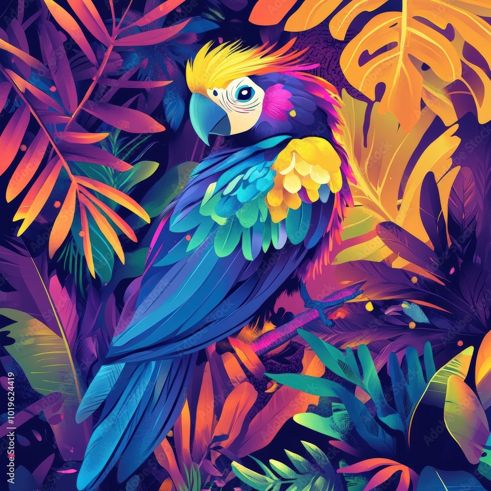 Fototapeta premium A colorful parrot surrounded by vibrant foliage.
