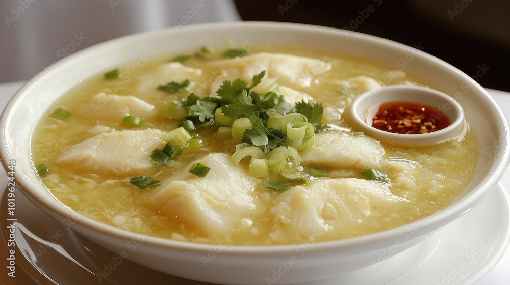 Fresh Soup with Fish Dumplings and Green Garnish Fresh Soup with Fish Dumplings and Green Garnish