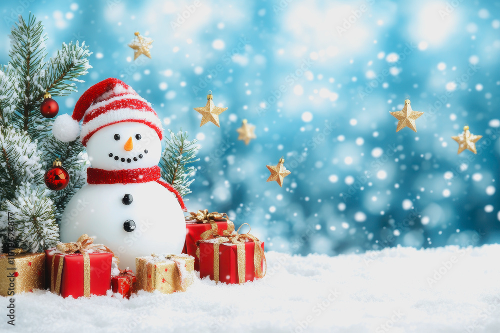Whimsical winter holiday scene with trees, snowman, ornaments, and gifts Whimsical winter holiday scene with trees, snowman, ornaments, and gifts