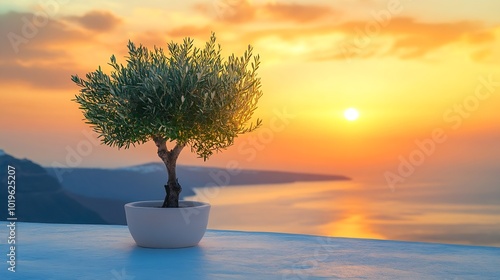 Small olive tree on the terrace with sea view Beautiful sunset at Santorini island Greece : Generative AI