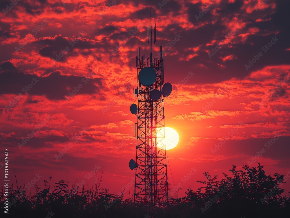 Fototapeta premium Silhouette abstract telecommunication tower Antenna and satellite dish at sunset sky background