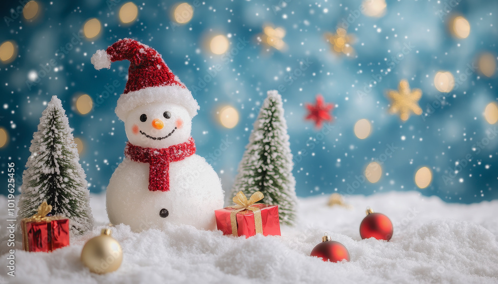 Whimsical winter holiday scene with trees, snowman, ornaments, and gifts Whimsical winter holiday scene with trees, snowman, ornaments, and gifts