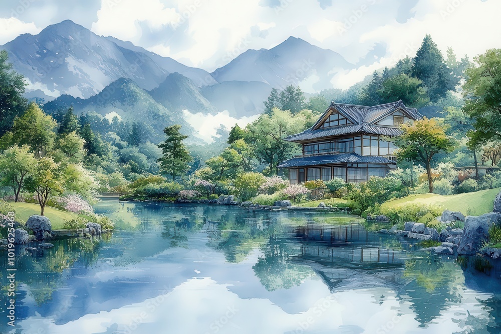 Obraz premium serene views of a tranquil japanese countryside with lush greenery gentle hills and a serene river perfectly capturing the essence of zen in a soft watercolorlike style