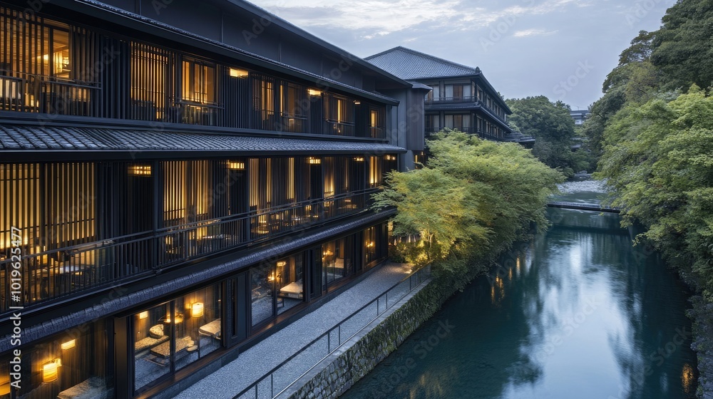 Serene Hotel by River at Dusk