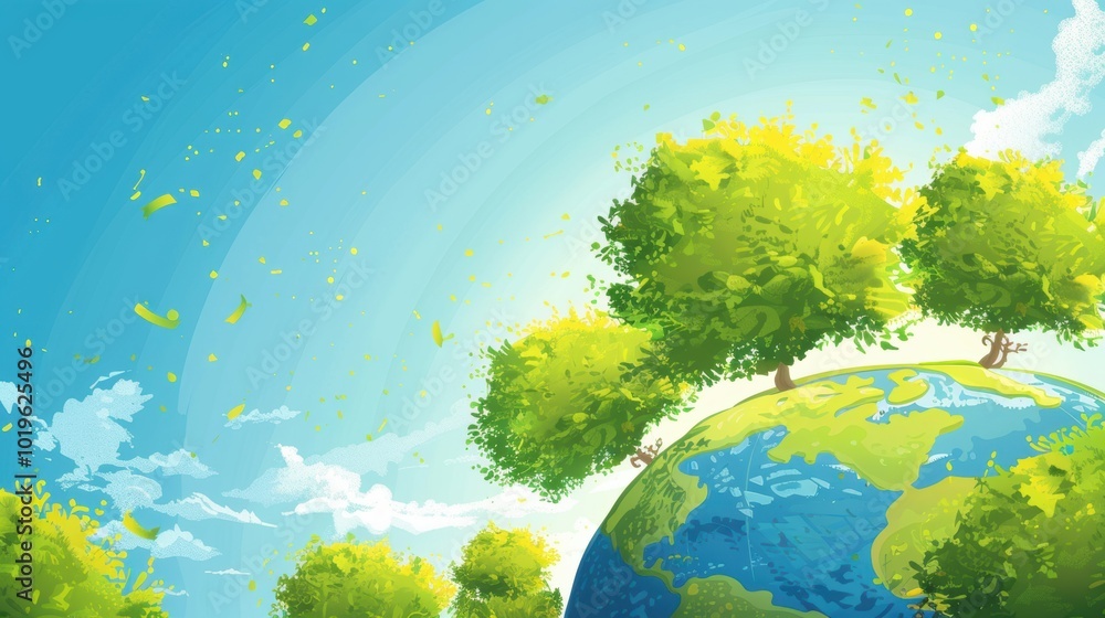 Fototapeta premium Cartoon Earth with Trees, vibrant greens and yellows, blue sky backdrop, engaging vector art, suitable for educational and environmental themes